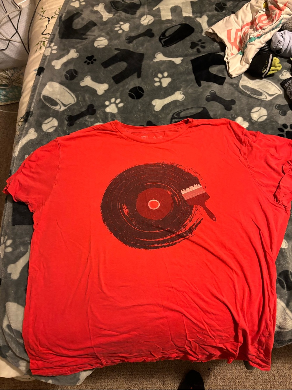 Red Graphic Tee with Vinyl Record Print